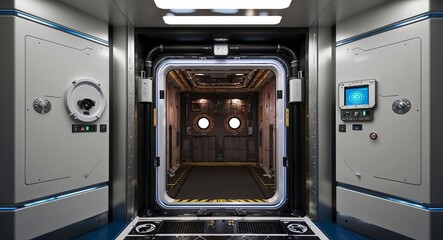 Automated airlock system with smart sealing mechanisms and control panels background secure entrance ensuring safety during docking and planetary excursions