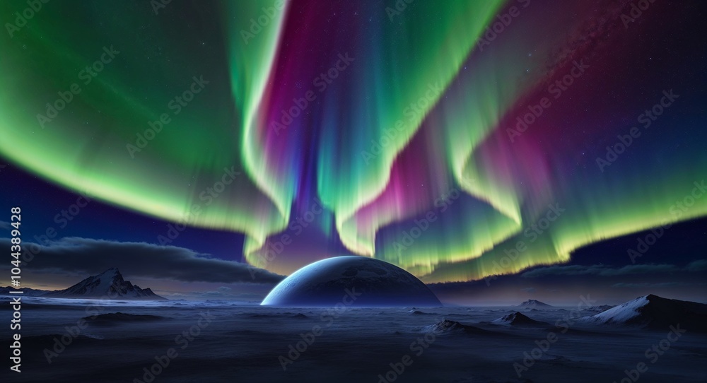 Poster colorful auroras dancing across the surface of a distant planet background atmospheric phenomena cre