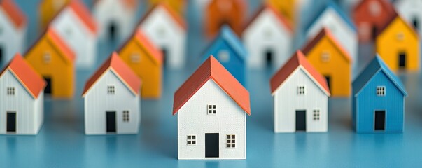 Colorful miniature houses arranged in a row on a blue background.