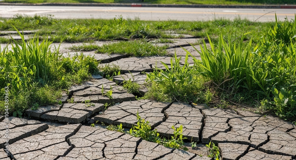 Poster cracked pavement overtaken by grass and weeds in a once busy intersection background nature reclaimi