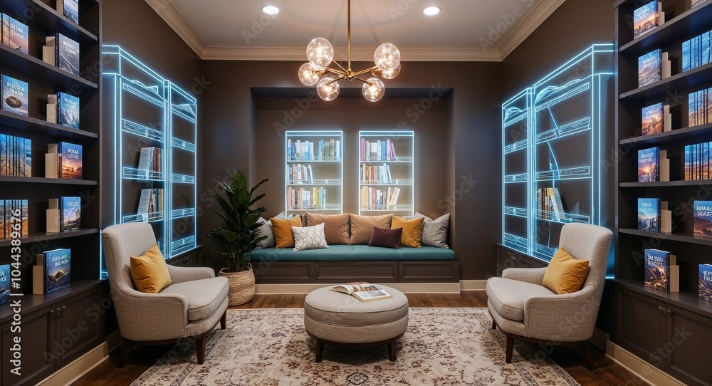 Poster cozy reading nook with holographic book displays and comfortable seating background inviting corner 