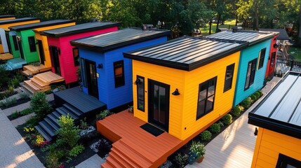Colorful tiny houses lined up in a vibrant community setting, emphasizing modern design and sustainable living.