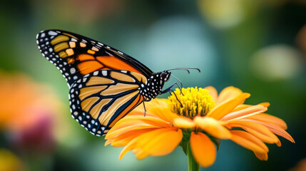 Fototapeta premium A vibrant monarch butterfly perched on a bright orange flower in soft sunlight.