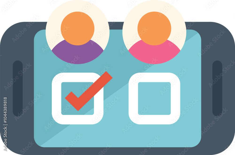 Poster online survey being conducted on mobile phone app, displaying user profiles and a checkmark indicati