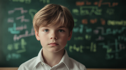 A young boy with neat hair stands in front of a blackboard, with a green chalkboard in the background, filled with colorful mathematical formulas