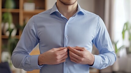 Man Buttoning Shirt Indoors in Soft Light