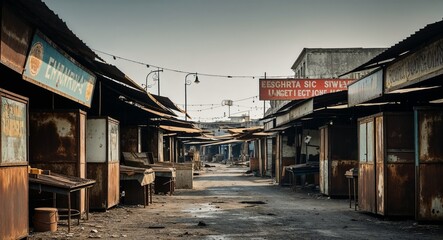 Deserted marketplace filled with rusted stalls and faded signage background echoes of commerce lingering in the still air of neglect