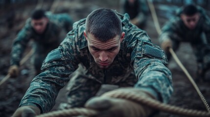 Soldiers pulling a rope in a training exercise, showcasing teamwork and physical endurance.