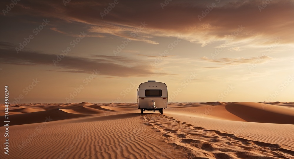 Poster distant silhouette of a lone caravan making its way across the sands background evocative imagery in