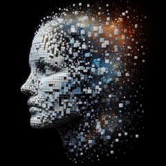 Obraz premium Fragmented Digital Human Face Composed of Cubic Blocks and Pixels: Abstract Representation of Machine Learning, AI Integration, Neural Networks, and the Evolution of Digital Cognition