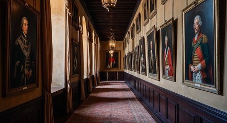 Fototapeta premium Dimly lit corridor lined with portraits of ancient nobility background historical intrigue showcasing the lineage of a long forgotten era