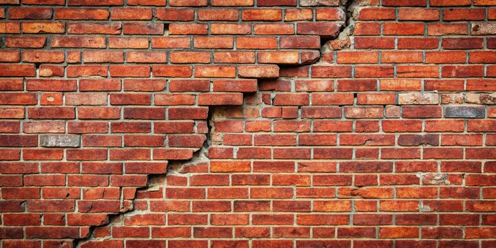 Fototapeta Red brick wall crumbling with large crack and deteriorating mortar from above angle