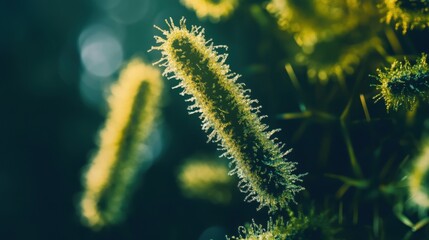 Naklejka premium Ancient microbes under microscope reveal intricate cellular structures, showcasing their mysterious and ancient nature, ideal for scientific and educational content.