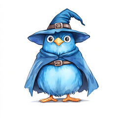 Fototapeta premium Explore the whimsical world of a blue bird wizard adorned in a cape blending elements of magic and adventure in a charming fantasy setting