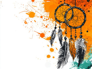 Dreamcatchers hang gracefully against vibrant splash of orange and black, embodying playful bohemian spirit. intricate design and feathers evoke sense of creativity and freedom