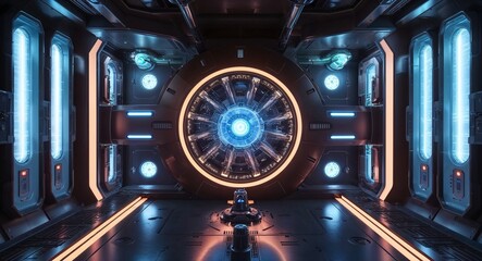 Obraz premium Energy core chamber with pulsating lights and power management systems background heart of the ship providing necessary energy for various operations
