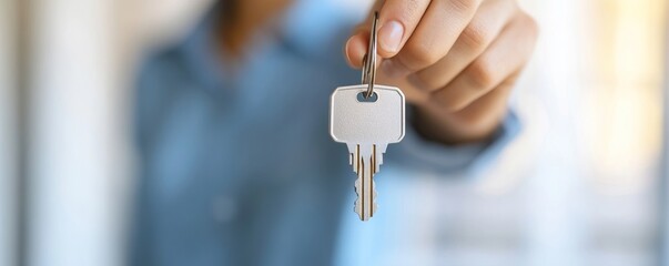 Person holding a set of keys, symbolizing new beginnings and opportunities in property ownership.