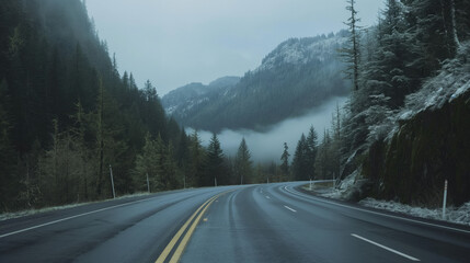 Long empty winter highway.Minimalistic monochrome image to convey a sense of loneliness and open space,desktop background,travel-themed projects or create a sense of adventure.