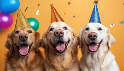 Three happy dogs wearing party hats, celebrating with colorful balloons and confetti against a vibrant orange backdrop.