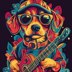 A cool dog with sunglasses playing guitar, in a retro style.