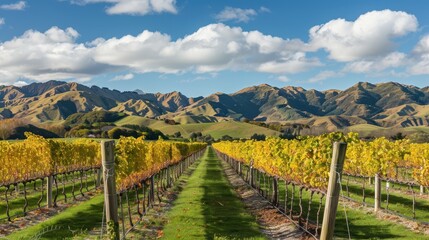 Naklejka premium Rows of Grape Vines in Scenic Vineyard Landscape