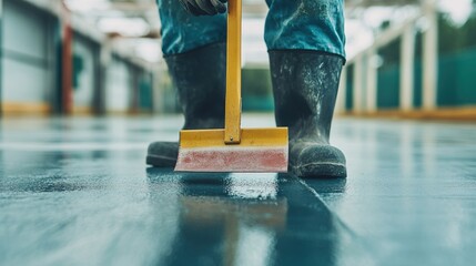 Worker in rubber boots using a squeegee to clean a dark floor in an industrial setting.
