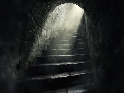 A dimly lit stairway descends into a shadowy tunnel, with beams of light illuminating the steps, creating a mysterious and eerie atmosphere.