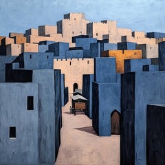 A stylized depiction of a cityscape with blue buildings and a central pathway.