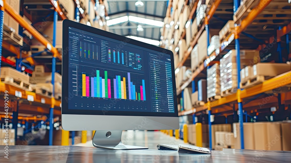 Poster computer with data analytics on a table in a warehouse