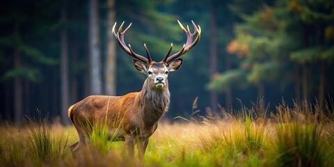 Fototapeta premium Red deer silhouette in grass with dark forest background