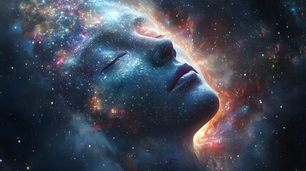 A peaceful expression on the being's face as it dreams of galaxies and worlds coming into being