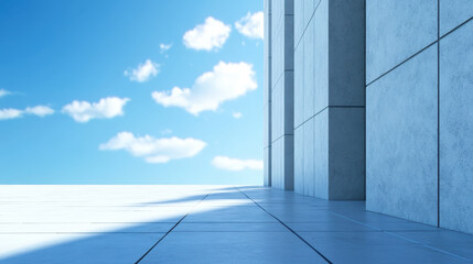 Obraz premium modern architectural scene featuring sleek concrete structure against bright blue sky with fluffy clouds. clean lines and minimalist design evoke sense of tranquility and openness