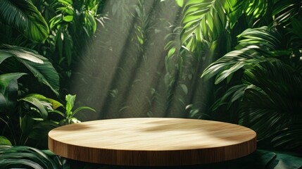 A wooden platform surrounded by lush green foliage and soft light beams.