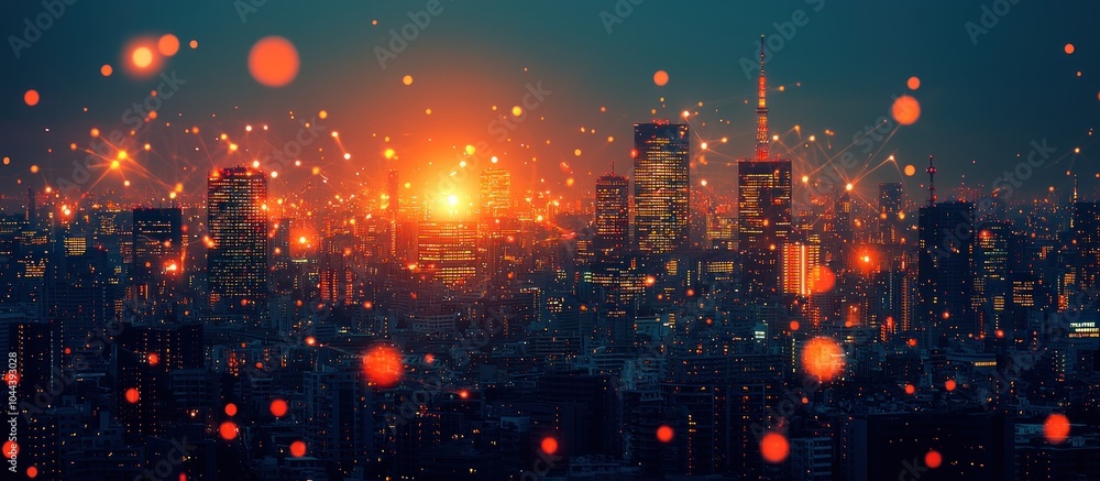 Poster Illuminated Cityscape with Network Connections and Bokeh Lights