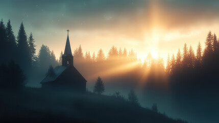 Obraz premium serene church silhouette stands against misty forest backdrop, illuminated by warm glow of rising sun. tranquil scene evokes sense of peace and reflection