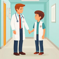 Obraz premium A doctor and a young boy shake hands in a hospital corridor.