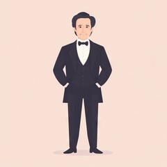 Obraz premium A cartoonish illustration of a man in a tuxedo with a neutral expression.