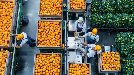 Aerial view of a busy beverage factory floor with automated machines and workers overseeing production