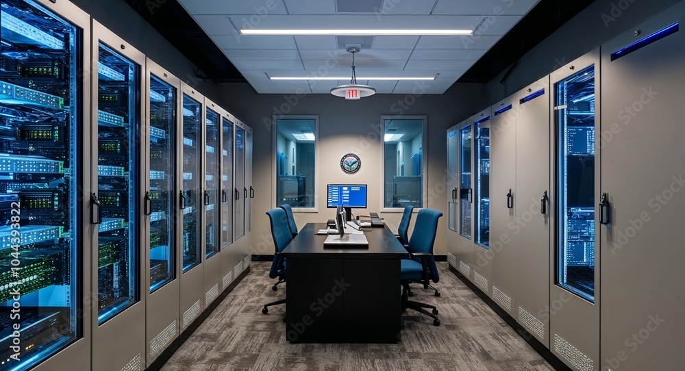 Poster high security data center featuring encrypted systems and monitoring equipment background vital faci