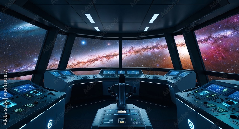 Aufkleber high tech observation deck with panoramic windows and control panels background stunning views of di