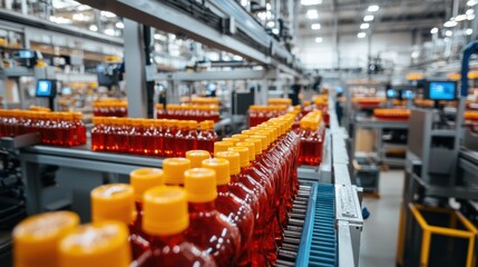 Fototapeta premium Flat lay of automated machines in a beverage factory filling bottles with liquid products