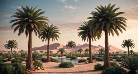 Hidden oasis surrounded by lush palm trees in the midst of the desert background refreshing sight offering a glimpse of life amid arid surroundings