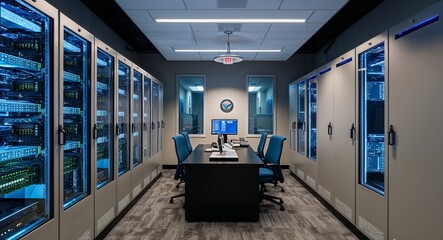 High security data center featuring encrypted systems and monitoring equipment background vital facility safeguarding sensitive information and mission parameters