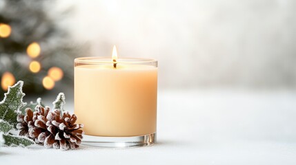 Burning Candle with Pine Cone and Holly