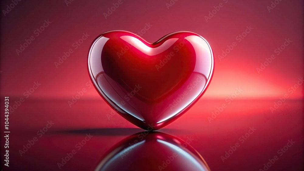 Poster red glossy heart shape isolated on colored background with reflection effect