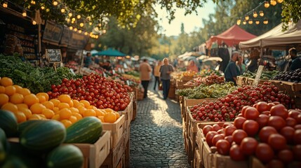 Enjoying a vibrant farmers' market with fresh produce and artisanal goods. Featuring market stalls, vendors, and shoppers. Emphasizing fresh and local produce. Ideal for lifestyle and food content.