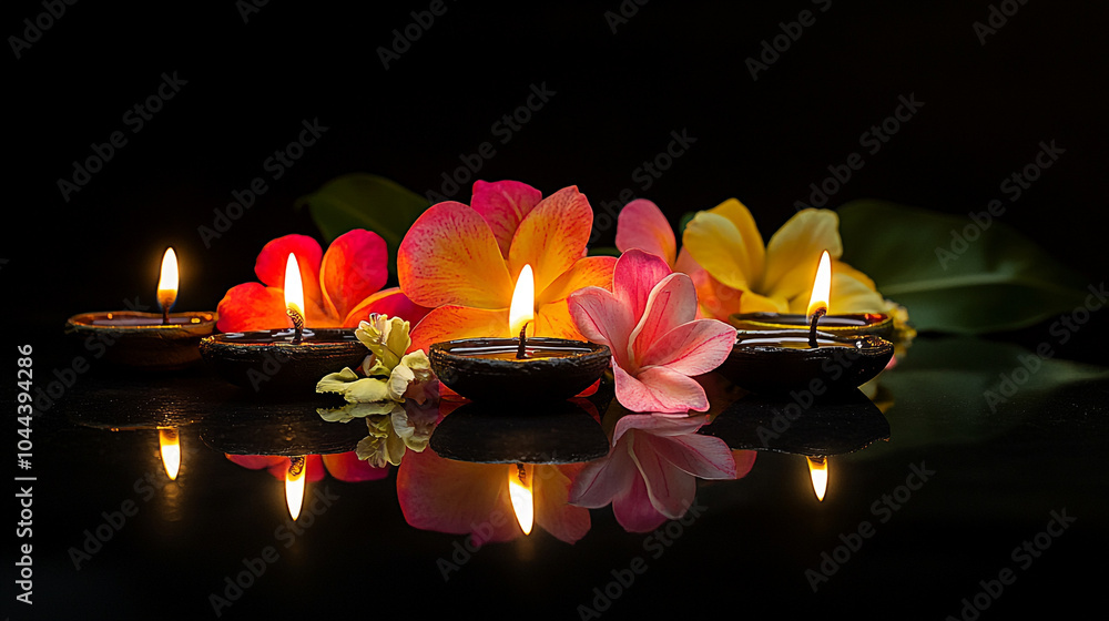 Poster Colorful rangoli with diyas and flowers celebrating Diwali in a festive ambiance