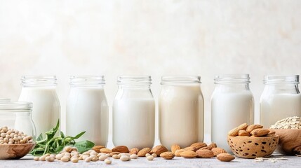 Assortment of vegan plant-based milk options in jars with fresh almonds soybeans and oats placed nearby