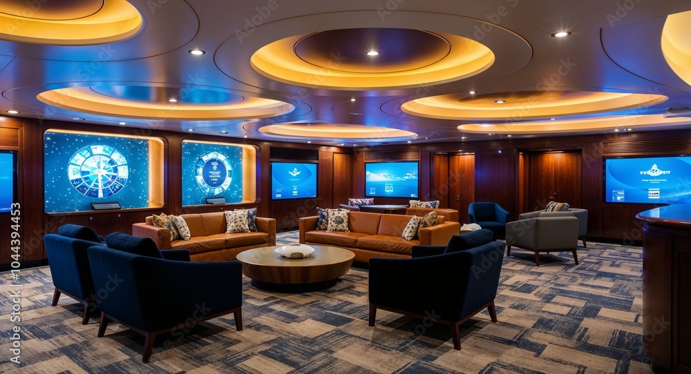 Poster multi purpose lounge area with interactive entertainment systems and comfortable seating background 