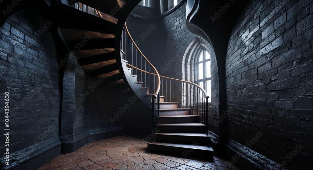 Poster narrow spiral staircase winding through a dark turret background mysterious atmosphere inviting adve
